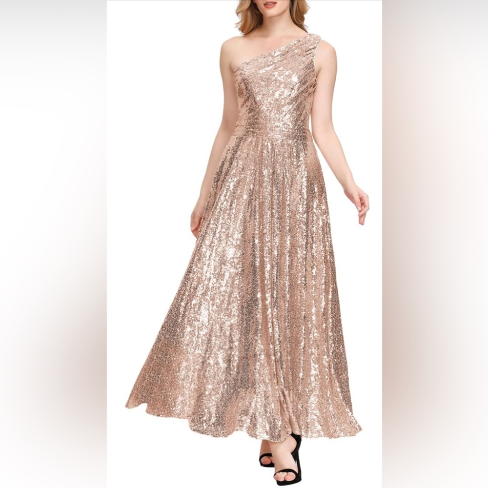 Rose Gold Sequin One Shoulder Metallic Dress cavewoman NWT Sz 10